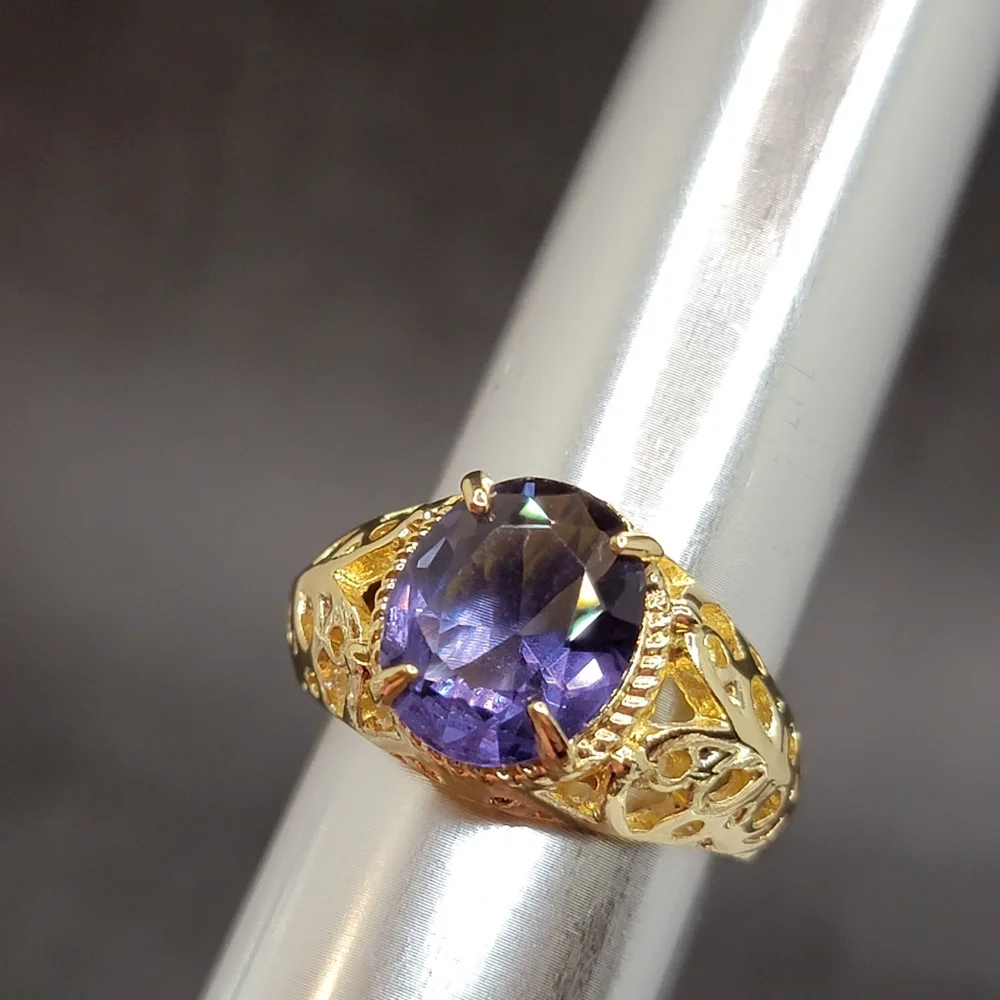 Gold Tone Simulated Purple Gemstone Butterfly Filigree Ring